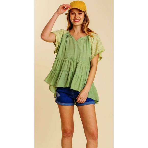 Umgee Tops - New UMGEE Oversized Pistachio Green Floral Burnout Sheer Lace Sleeves Tiered Top